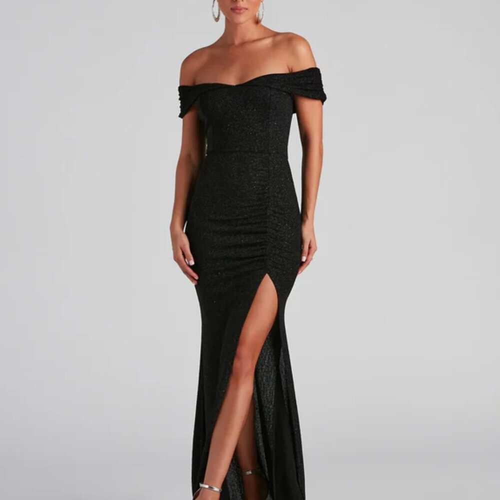 WOMENS' BLACK OFF-THE-SHOULDER DRESS WITH LEG SLIT